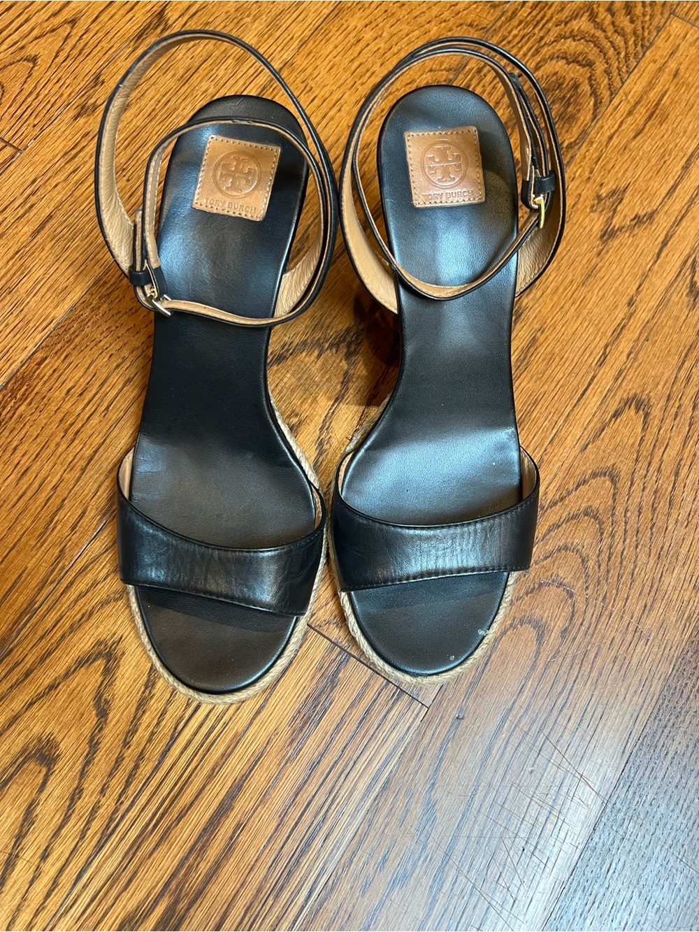 Tory Burch Black Leather Ankle-Strap Espadrille Sandals - Picture 2 of 6